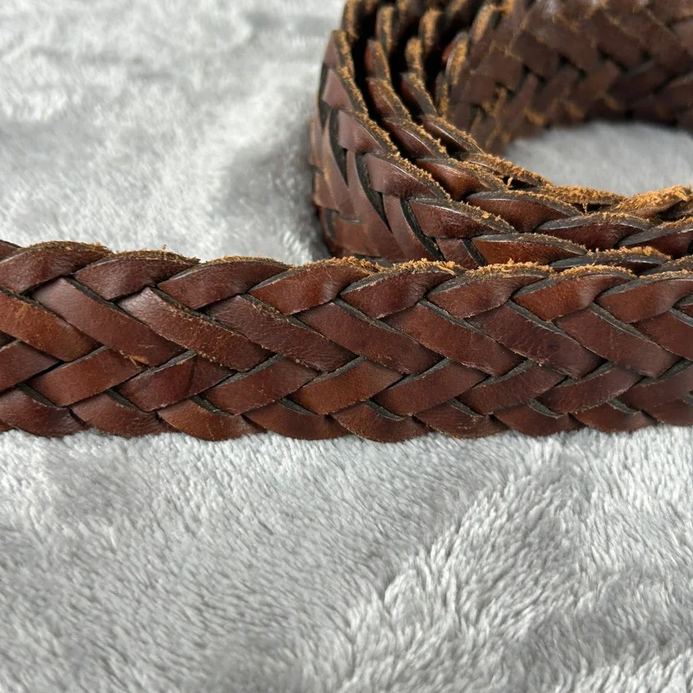 Mens Brown Braided Genuine Leather Belt Silver Buckle Size XL Woven 51 Inch